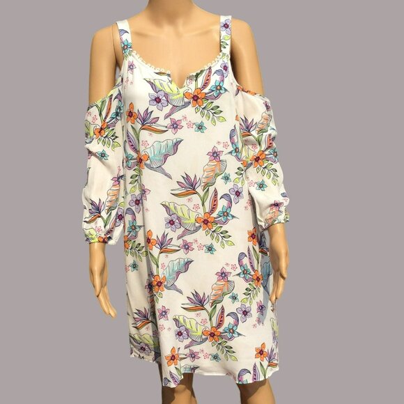 Caribbean Joe Size M Floral Cold-Shoulder Dress Floral‎ Beach Tropical Vacation - Picture 1 of 12